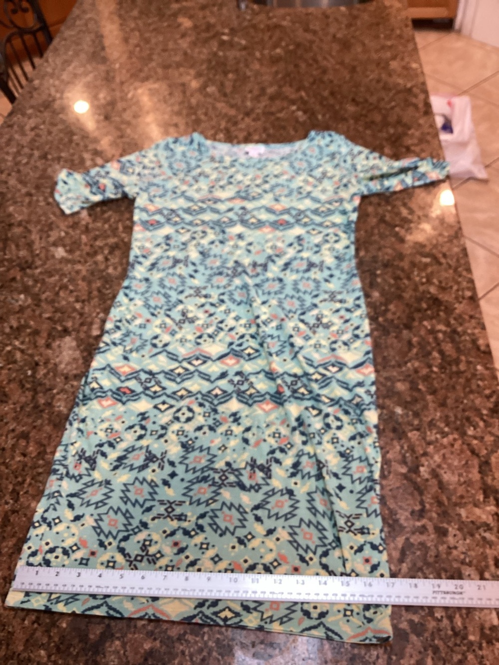 LuLa Roe,Light Aqua Aztec Print Knee-Length Dress, Size Medium